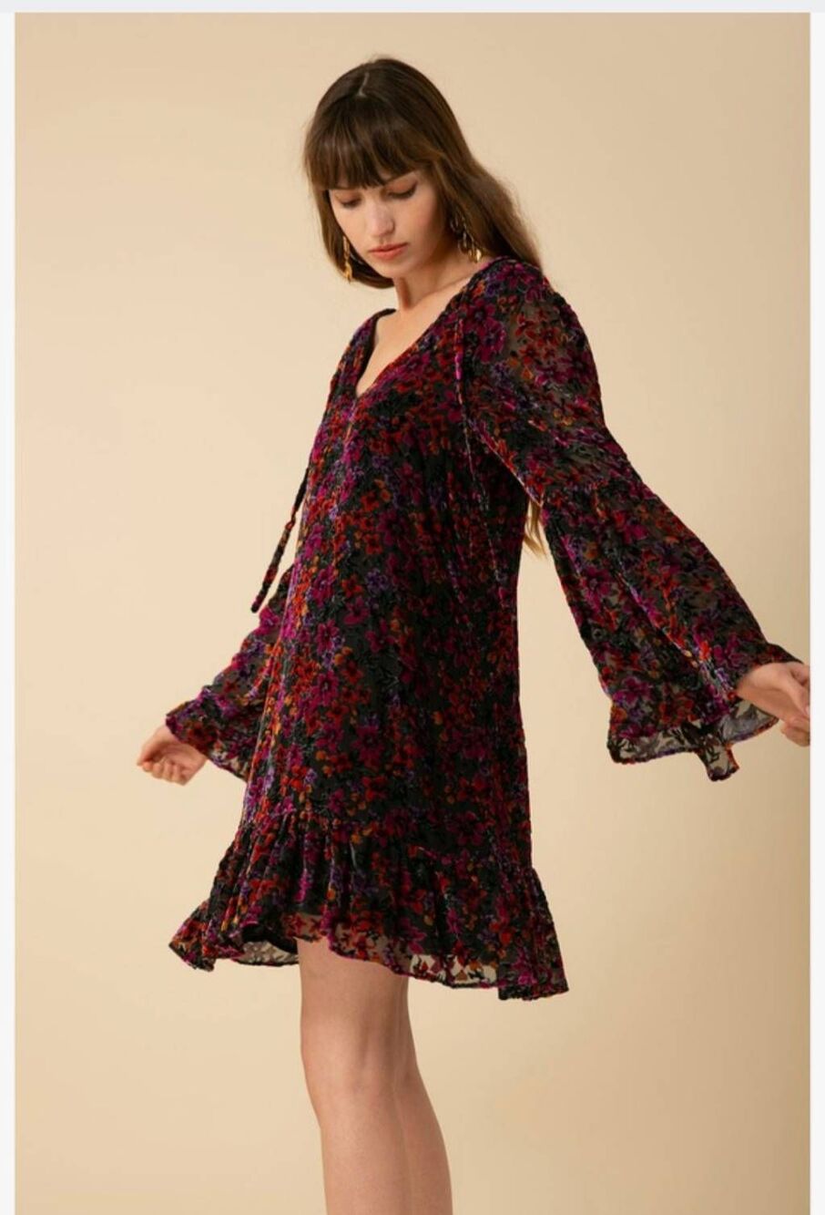Hale Bob Salome Silk/Viscose Dress, V-Neck, Tiered Slv, Babydoll Dress, NWT, S